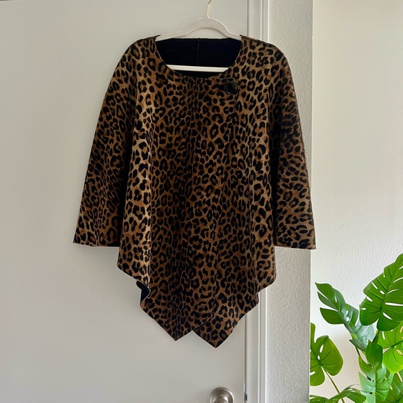 Jones New York Sweaters - Leopard Poncho One Size Womens Animal Print Reversible Black Brown Wool Blend